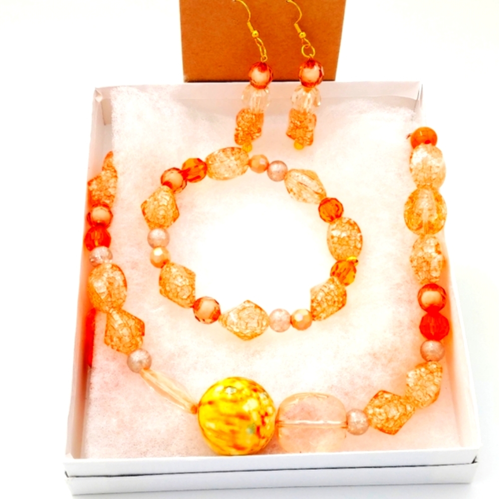 ~259NEB118 Handmade 3-Piece Orange Jewelry Set